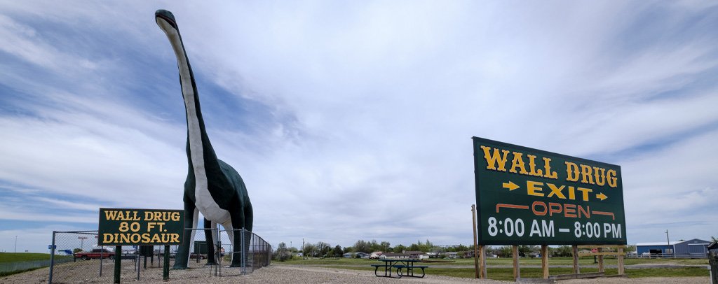 Wall Drug’s Giant Dinosaur and Jackalope in South Dakota