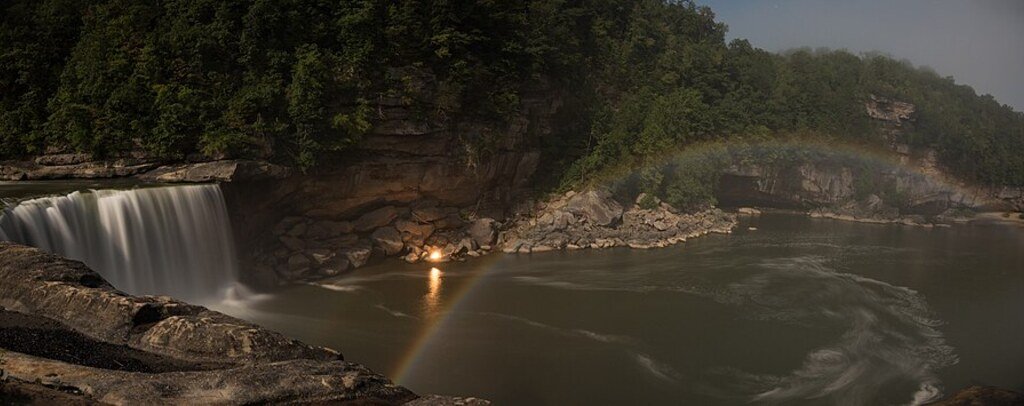 A pale moonbow over Cumberland Falls at night