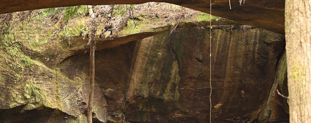 Sandstone arch viewed from beneath Natural Bridge Park in Alabama